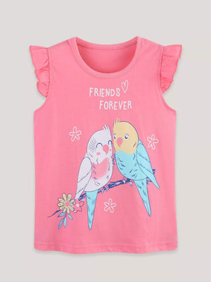Pink cotton t-shirt with ruffle sleeves, featuring a bird print and "Friends Forever" text.