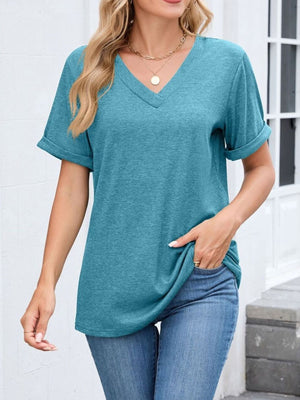 Blue-green v-neck t-shirt with cuffed short sleeves and a relaxed fit.