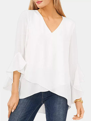 White chiffon blouse with V-neck and flared bell sleeves, layered hem detail.