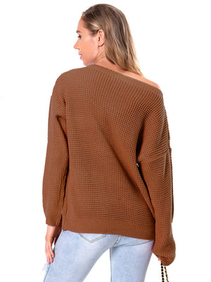 Off-shoulder waffle knit sweater in Chestnut, featuring a relaxed fit and long sleeves.