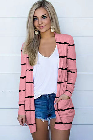 Open-front cardigan in Carnation Pink with black stripes, long sleeves, and pockets.