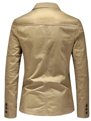 Casual slim fit cotton blazer in khaki with button cuffs and elbow patches.