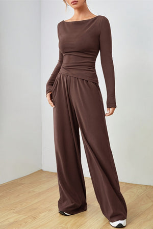 Dark Brown boat neck loungewear set with long sleeves and wide-leg pants.