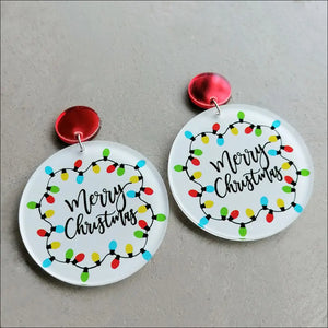 Acrylic statement earrings with Merry Christmas lights design and red tops