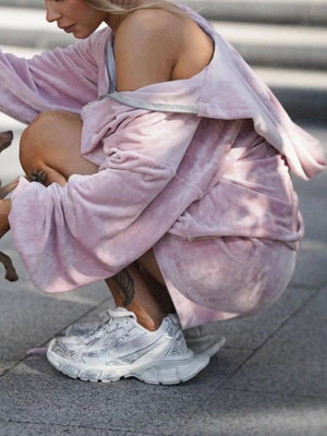 Zip Up Hooded Outerwear And Shorts Set in Grey, editorial view