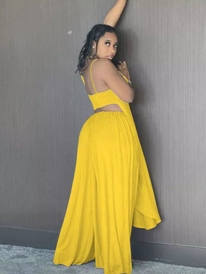 Yellow cami and wide-leg pants set with asymmetrical draped hem.