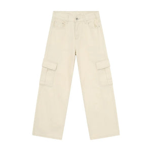 Oversized cargo denim trousers in eggshell with large side pockets and contrast stitching.