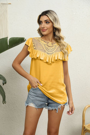 Gold lace yoke ruffle sleeve blouse with short sleeves and a round neckline.