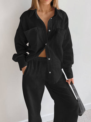 Black textured cotton lounge set with button-down shirt and wide-leg pants