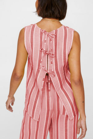 Pink striped linen co-ord set with bow-tie back detail