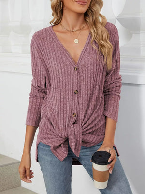 Ribbed Button-up Cardigan in Lilac