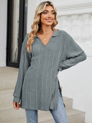 Light Gray ribbed knit collared tunic top with long sleeves and side slits.