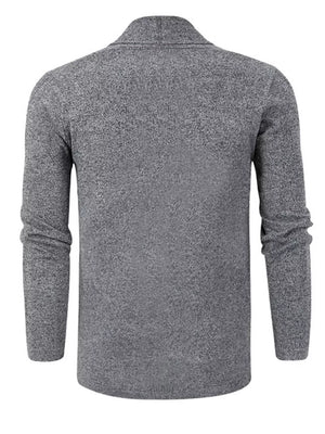 Men's gray marled knit open-front cardigan with long sleeves.