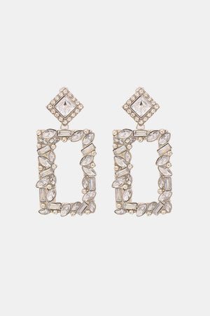 Geometric jewel box earrings with clear crystals and silver alloy.