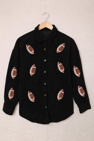 Black corduroy shirt jacket with all-over football print and button front.