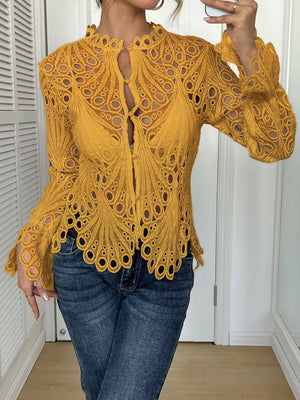 Yellow lace button-up blouse with scalloped collar and bell sleeves