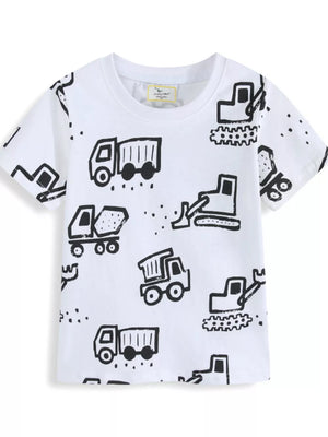 White cotton t-shirt with black construction vehicle print for babies and kids.