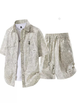 Men's Plus Size Lightweight Textured Shirt And Shorts Set in Beige, front view