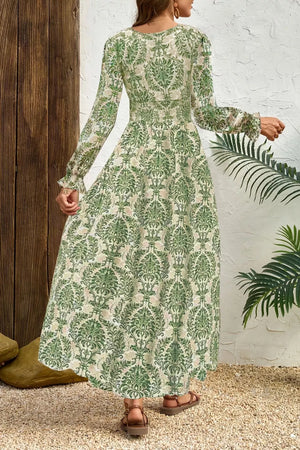 Sage printed maxi dress with bishop sleeves and cinched waist