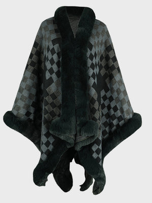 Checkered acrylic cape with faux fur trim in dark navy and black forest.