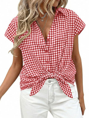 Red gingham print button-down shirt with short sleeves and a knotted front detail.