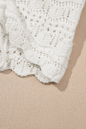 White crochet tank top with ruched front detail and scalloped hem