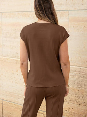 Brown seamed knit wide-leg co-ord set with cap sleeves and stitched detail on pants.