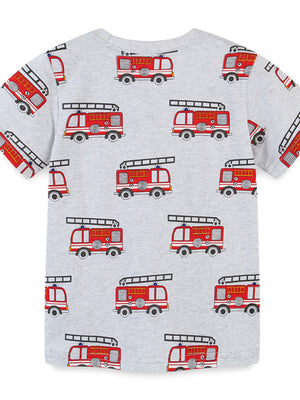 Grey t-shirt with all-over red fire truck print, short sleeves, crew neck.