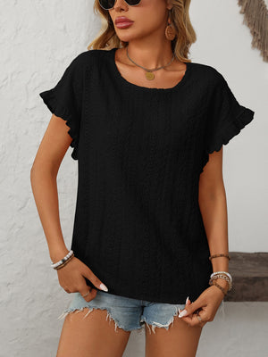 Black eyelet knit blouse with ruffled short sleeves and a scoop neckline.