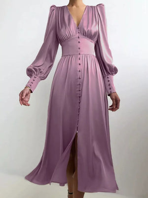 Elegant V-neck Puff Sleeve Button-down Midi Dress in White, view 15
