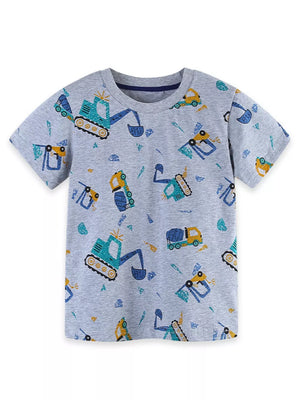Toddler grey cotton crew neck t-shirt with all-over excavator and construction vehicle print.