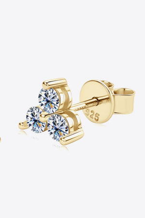 Gold trilogy moissanite stud earrings in 925 sterling silver with a blossom design.