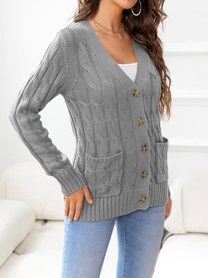 Heather Gray cable-knit cardigan with V-neck, buttons, and pockets.