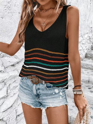 Chic striped V-neck knit vest with colorful horizontal stripes and a black base.