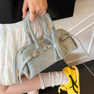 Denim Bow Accent Crossbody Bag in Blue, fabric detail