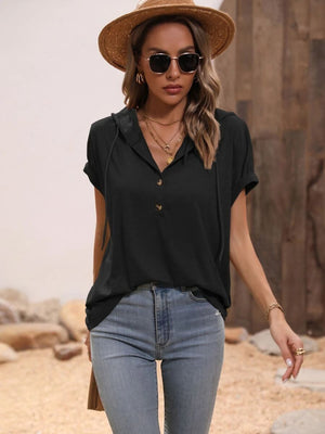Black relaxed henley hoodie with rolled sleeves and button detail