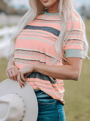 Striped crew neck t-shirt in dusty pink with grey and light blue stripes.