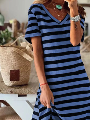 Full Size Striped V-neck Midi Dress With Side in Yellow, close-up detail