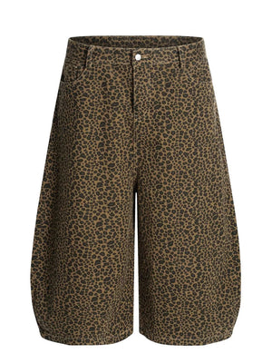 Men's brown leopard print wide-leg capri track pants with pockets.
