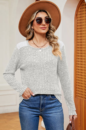 Light Gray ribbed knit top with eyelet shoulder detail and crew neck.