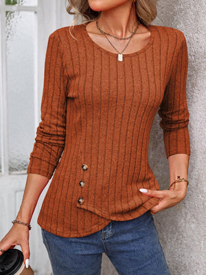 Caramel ribbed knit top with round neck and three button detail on asymmetrical hem.