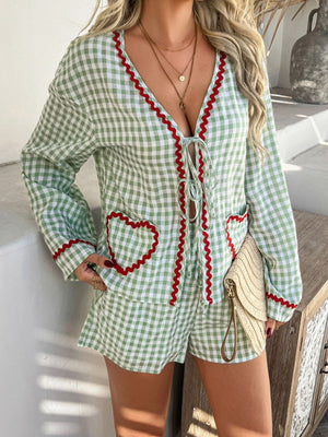 Light green gingham lounge set with heart pockets and tie-front top.