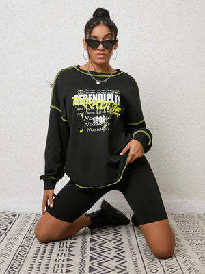 Black graphic sweatshirt with contrast stitching and crew neck