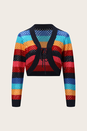 Rainbow crochet bolero jacket with tie-front detail and open knit stripes.
