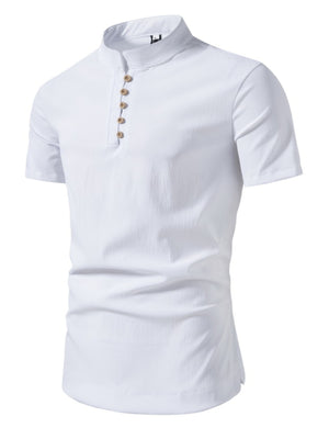 White cotton short sleeve band collar shirt with button detail