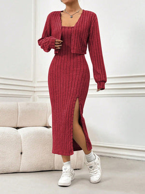 Orange-red ribbed knit midi dress with a high slit and matching long sleeve cardigan.