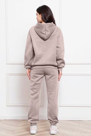Mocha relaxed fit hoodie and joggers set with cuffed ankles.