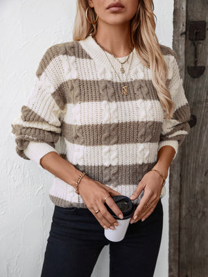Cable knit stripe crewneck sweater in taupe and cream with v-neck and long sleeves.