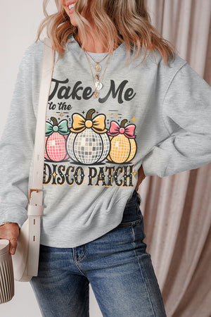 Gray graphic sweatshirt with disco ball pumpkins and text Take Me to the Disco Patch.