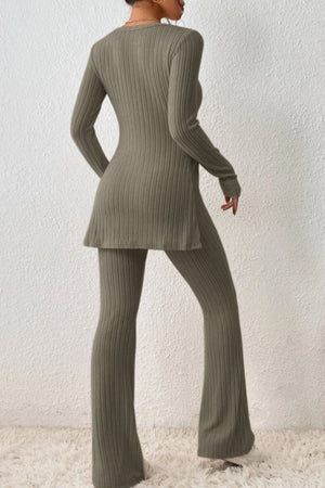 Olive brown ribbed knit co-ord set with long sleeves, side slit top and flared pants.
